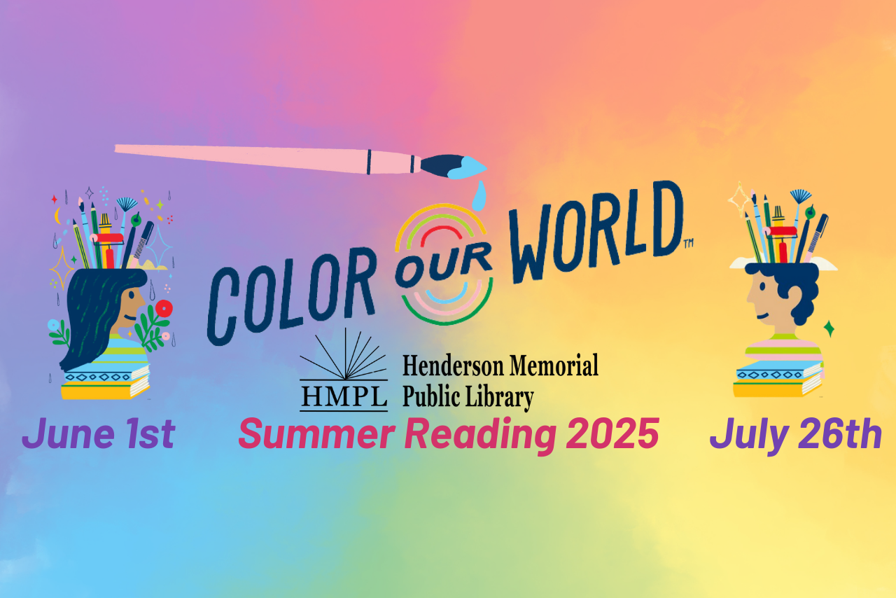 Color Our World Summer Reading Program with a tie dye background and a boy and girl with books, and colorful illustrations coming out of their heads