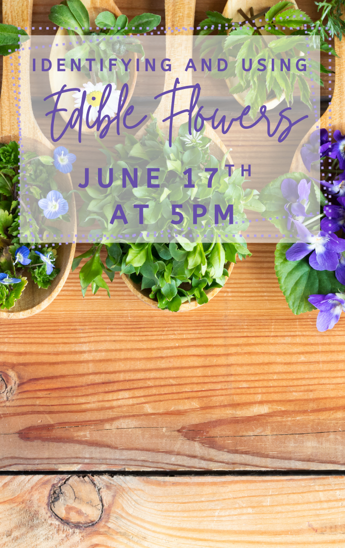 green and purple flowers on wooden spoons with a wood background