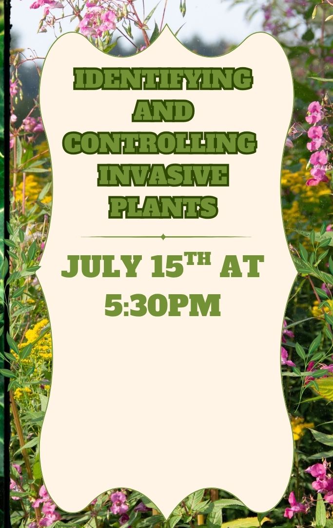 green and purple invasive plants with info on the program