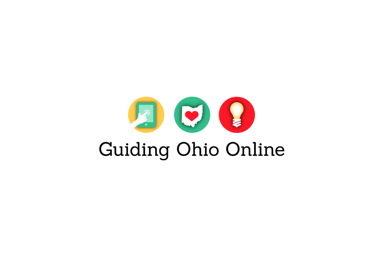 a hand holding a phone, a heart inside Ohio, and a lightbulb. The Guiding Ohio Online Logo