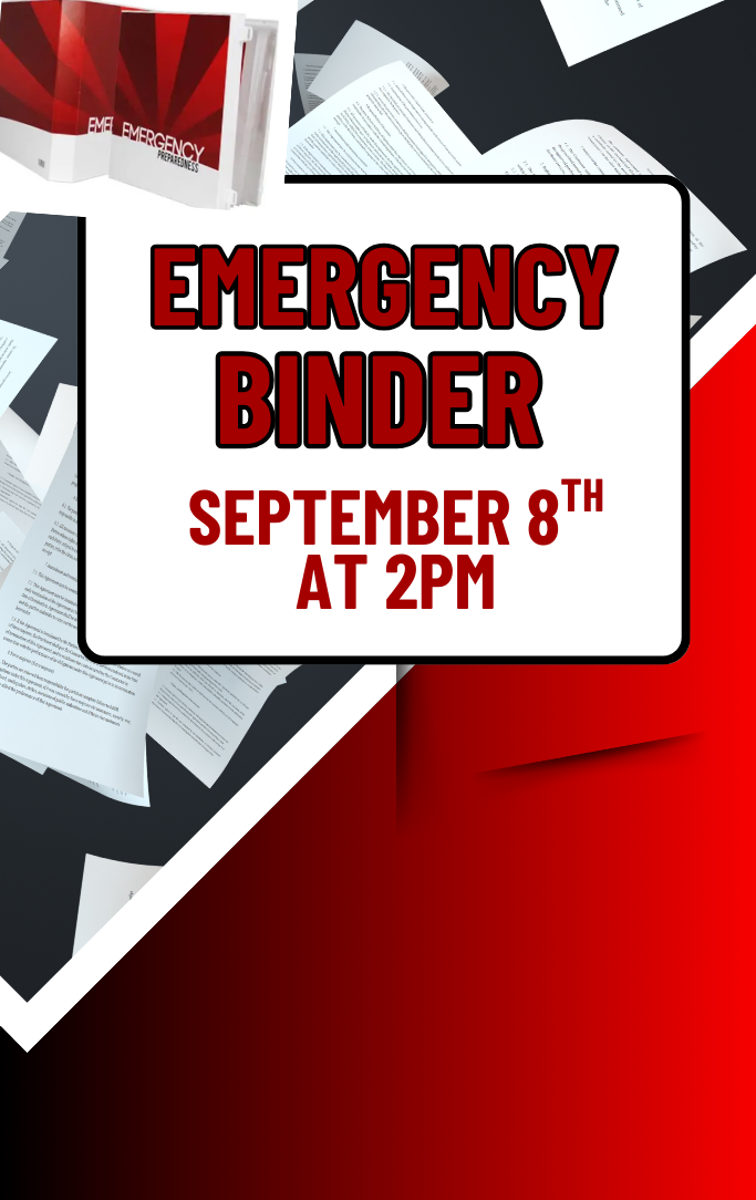 red, black, and white emergency binder with papers flying in the background