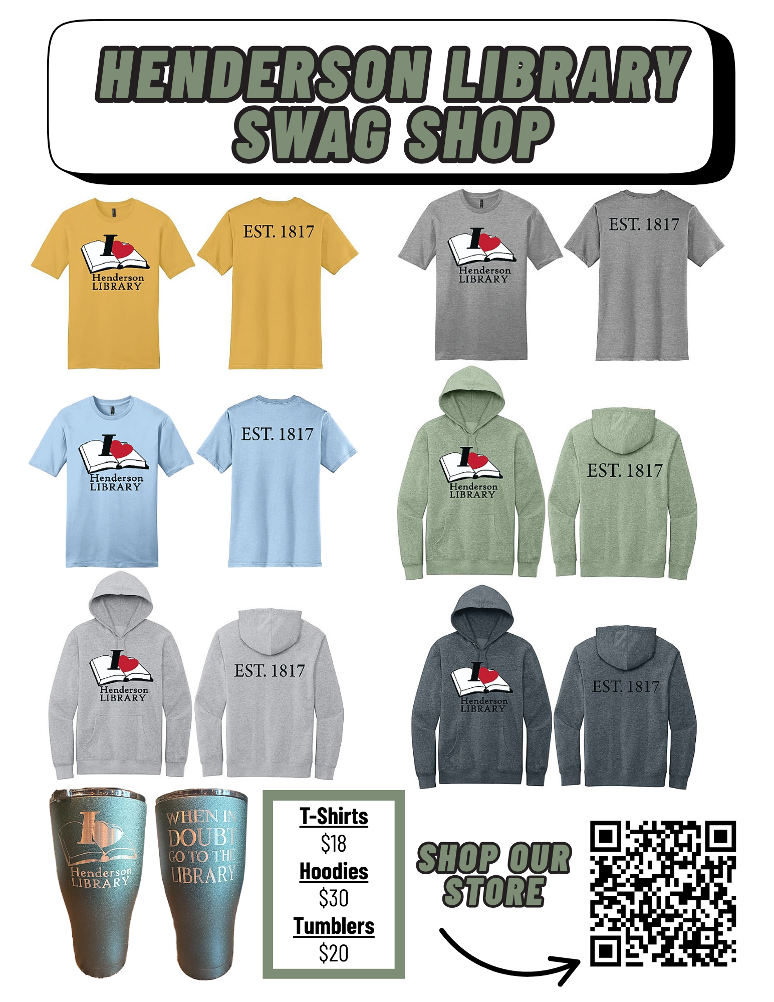 tshirts, hoodies, and tumblers with henderson logo