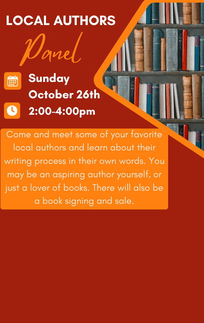 maroon and orange background with a shelf of books