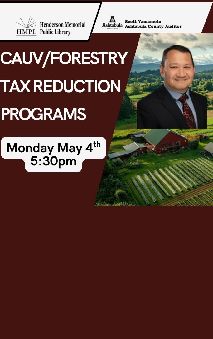 a farm with fields and woods and a picture of Ashtabula County Auditor Scott Yamamoto