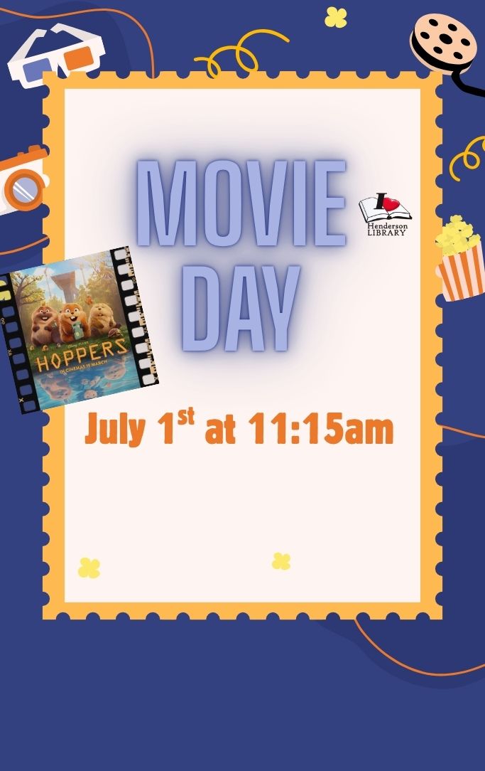 Popcorn, 3d glasses, movie reel, and the poster for Hoppers