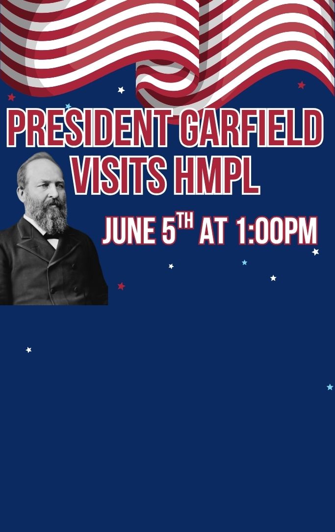 an American Flag banner with a black and white picture of President Garfield