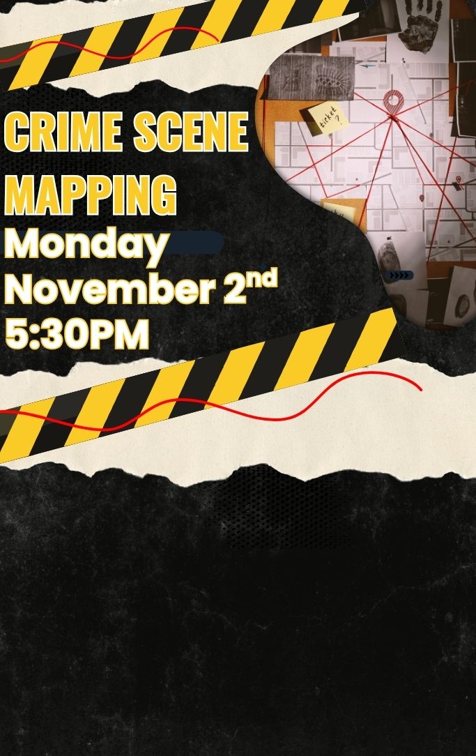 crime tape and a crime scene map with pins